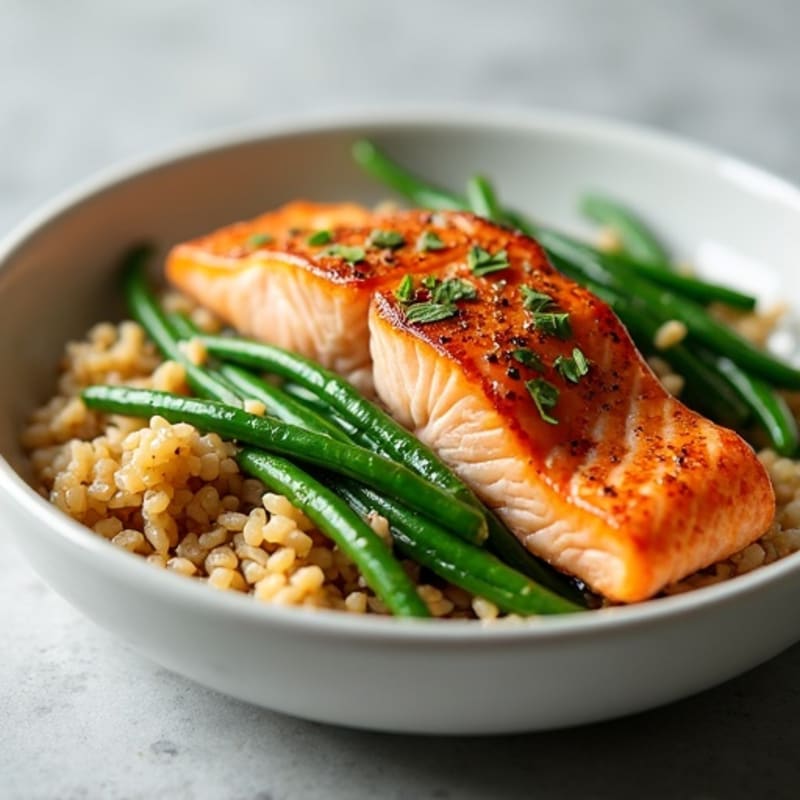 Seared Salmon with Garlic Green Beans and Brown Rice