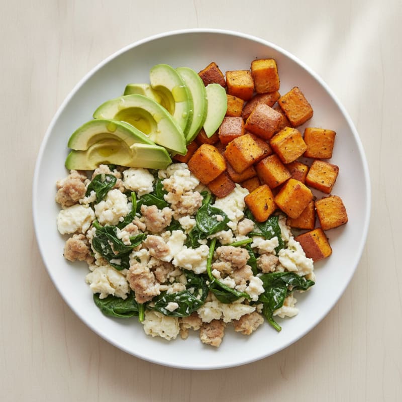 Egg White and Turkey Sausage Scramble with Sautéed Spinach