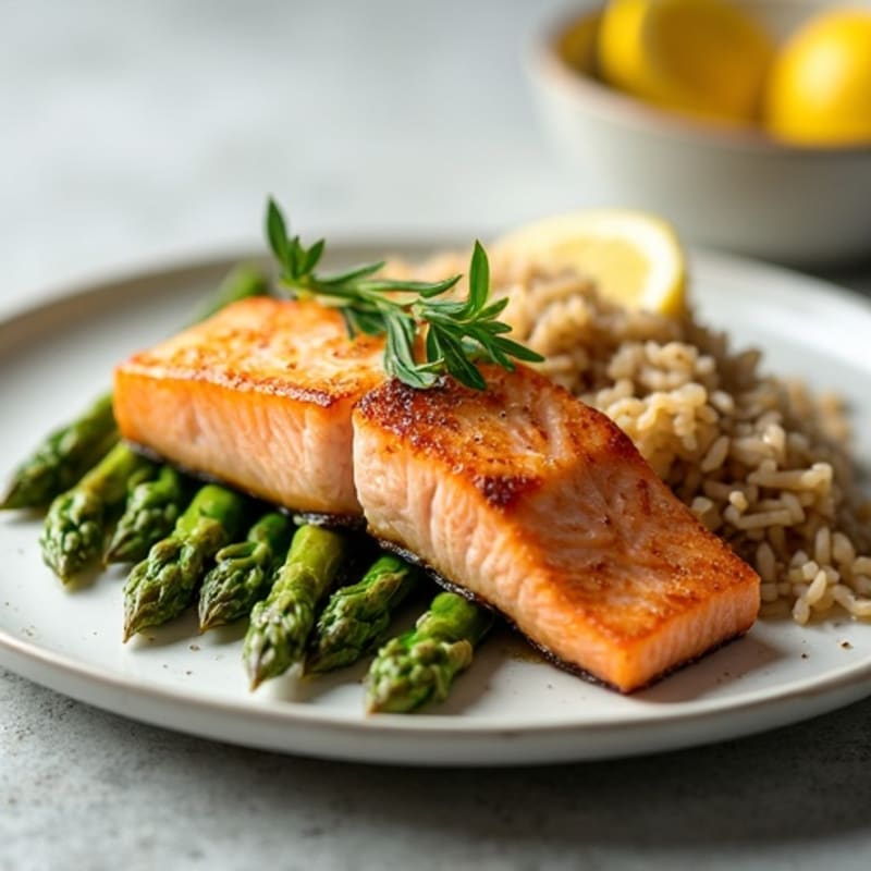 Seared Salmon with Steamed Asparagus and Brown Rice