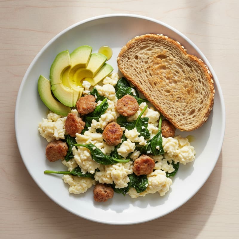 Egg White and Spinach Scramble with Turkey Sausage