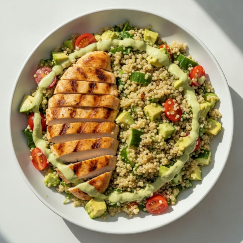 Grilled Chicken Breast with Creamy Avocado Quinoa Salad