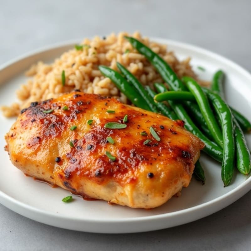Baked Teriyaki Chicken with Fluffy Brown Rice and Crispy Roasted Green Beans