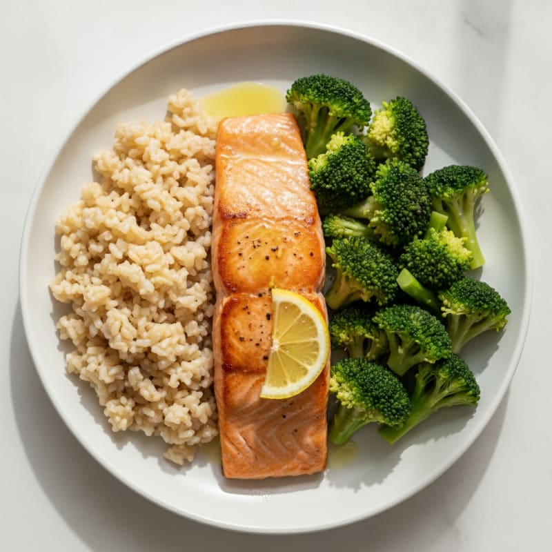 Seared Salmon Fillet with Steamed Broccoli and Brown Rice