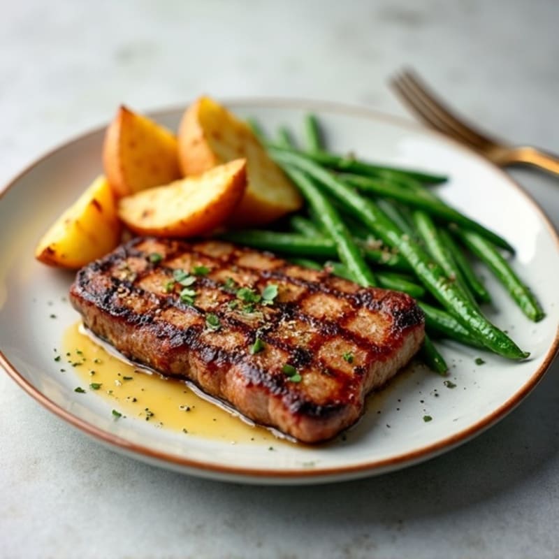 Seared Steak with Crispy Potato Wedges and Roasted Green Beans