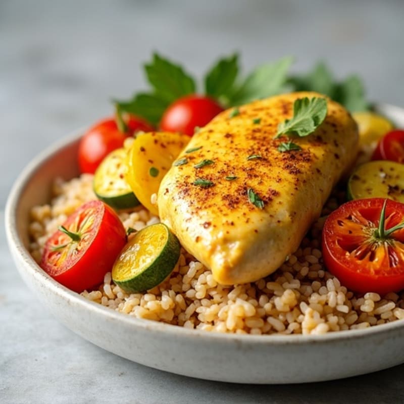 Creamy Coconut Chicken Curry with Roasted Vegetables and Brown Rice