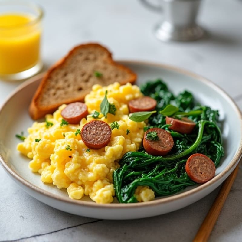 Scrambled Egg Whites with Turkey Sausage and Sautéed Spinach