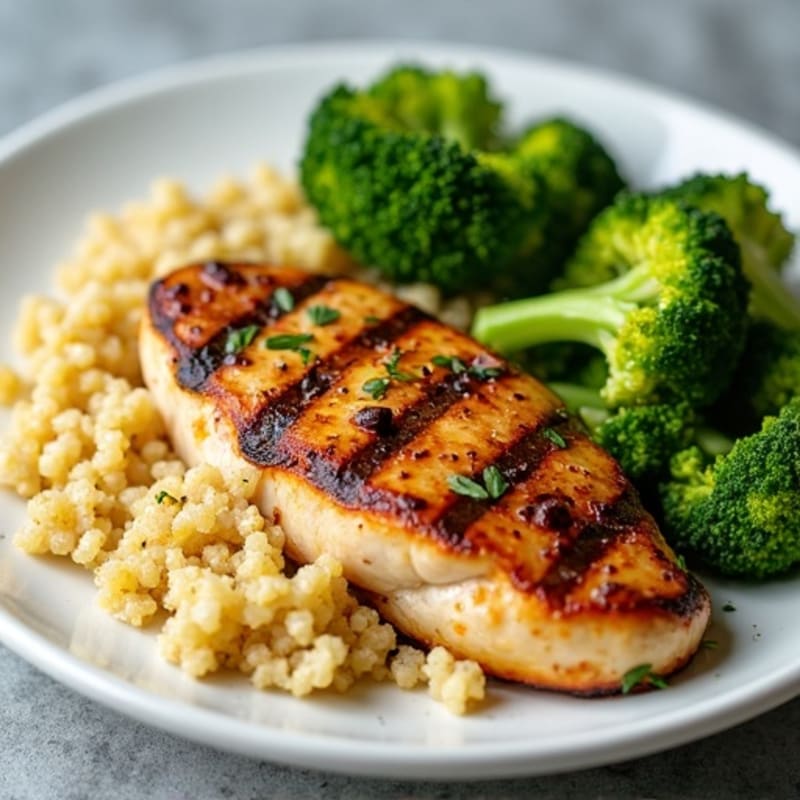 Grilled Lemon-Garlic Chicken Breast with Quinoa and Steamed Broccoli