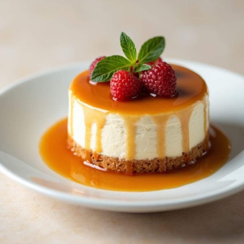 Greek Yogurt Vanilla Bean Cheesecake with Date Caramel Drizzle