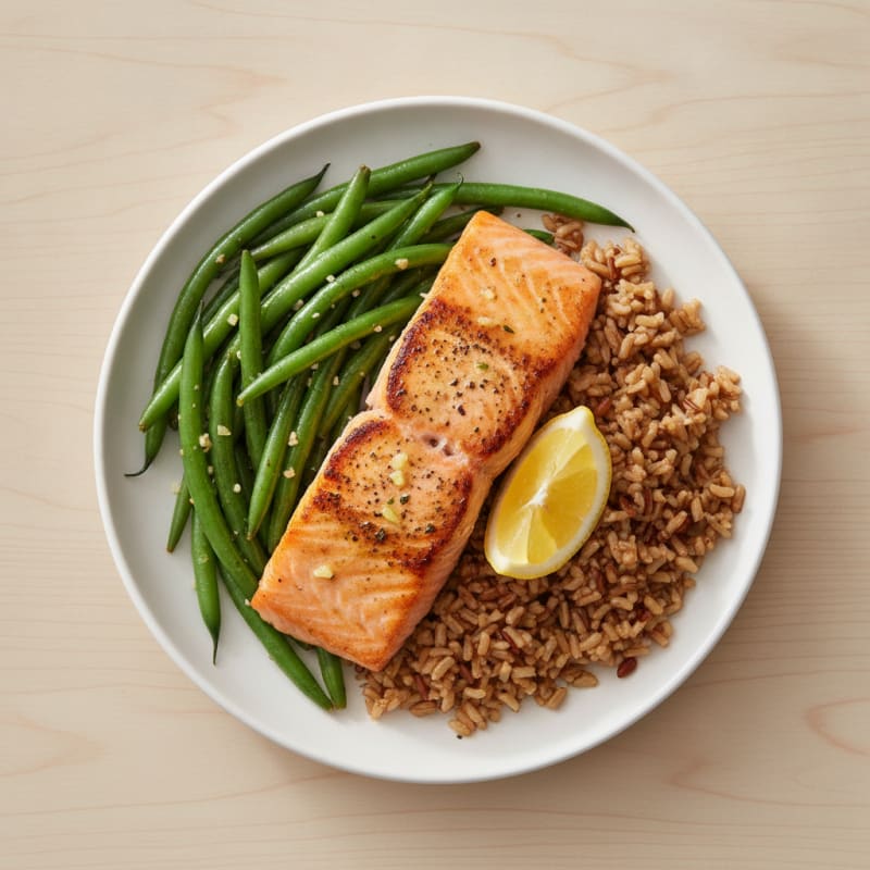 Seared Salmon with Garlic Green Beans and Brown Rice