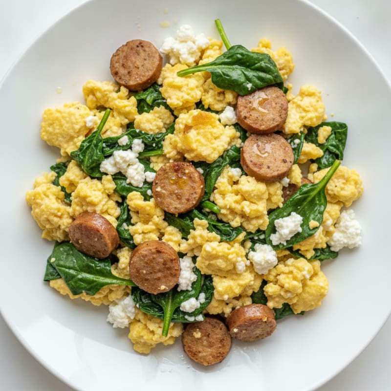 Cottage Cheese Scramble with Turkey Sausage and Spinach