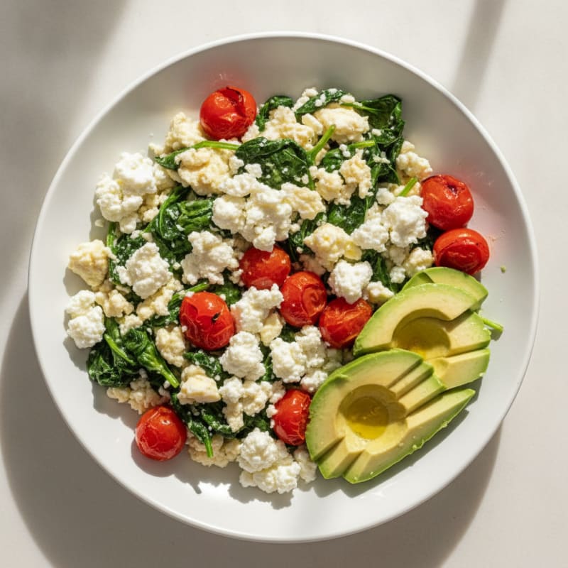 Egg White and Spinach Scramble with Cottage Cheese and Cherry Tomatoes