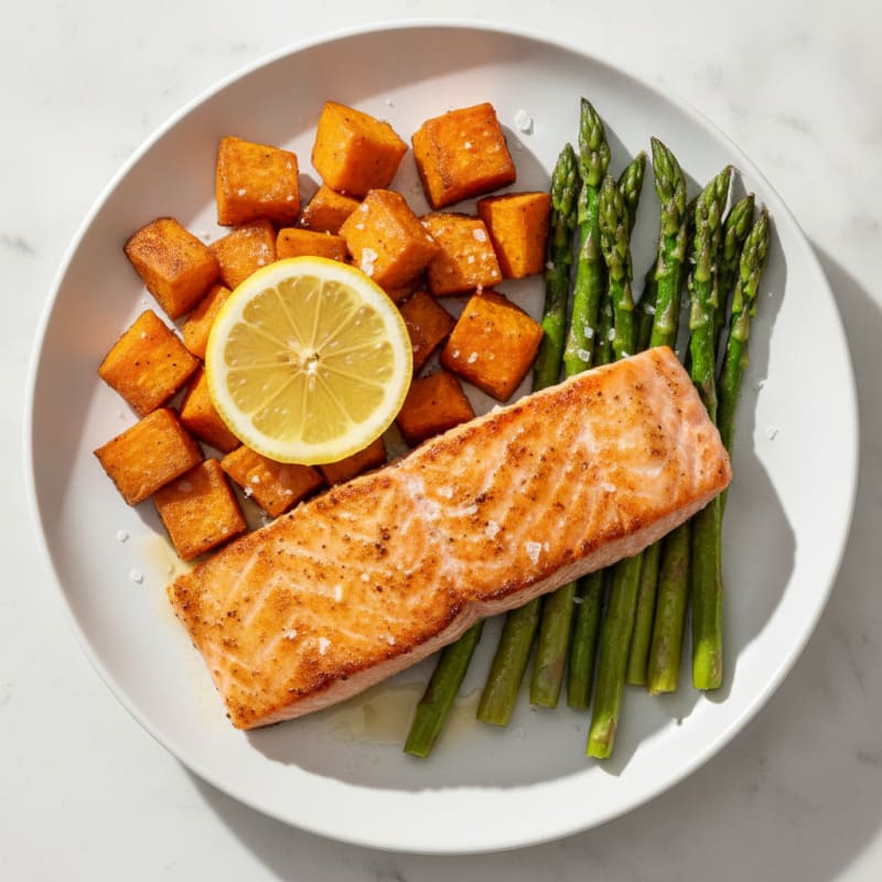 Seared Salmon with Roasted Sweet Potatoes and Asparagus