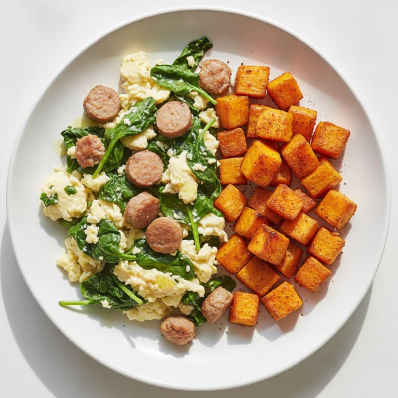 Egg White and Turkey Sausage Scramble with Spinach and Roasted Sweet Potato