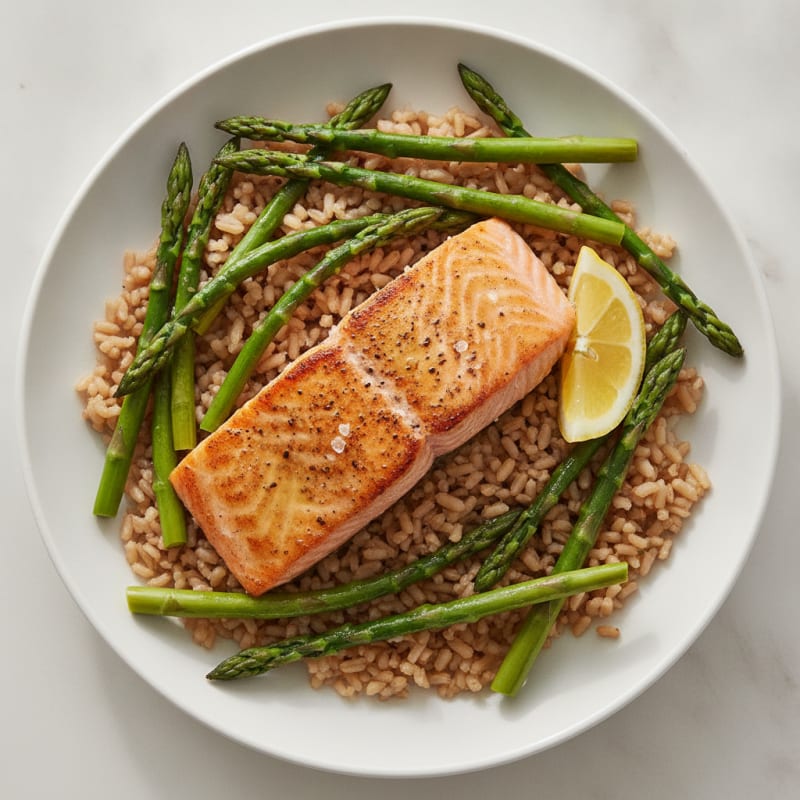Seared Salmon Fillet with Steamed Asparagus and Brown Rice