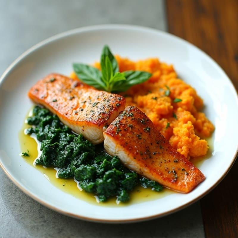Seared Salmon with Garlic Spinach and Sweet Potato Mash