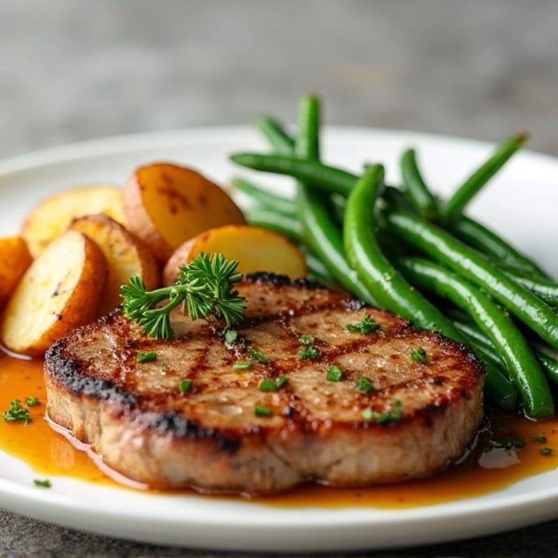 Pan-Seared Garlic Butter Steak with Crispy Roasted Potatoes and Fresh Green Beans