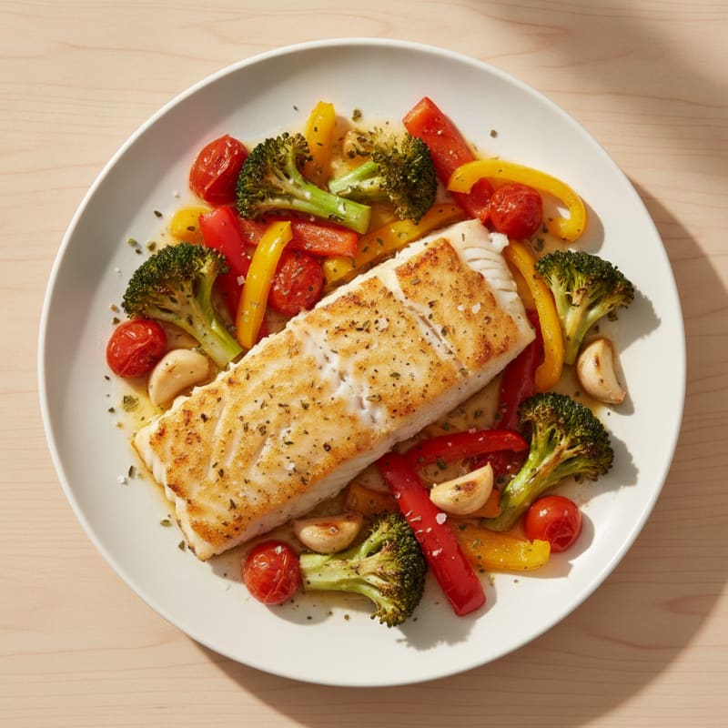 Baked Alaskan Cod with Roasted Vegetables