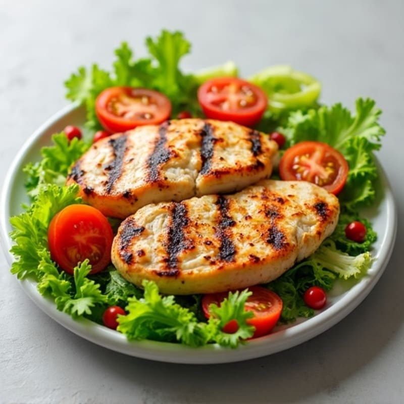 Grilled Chicken Breast over Crisp Romaine with Cherry Tomatoes