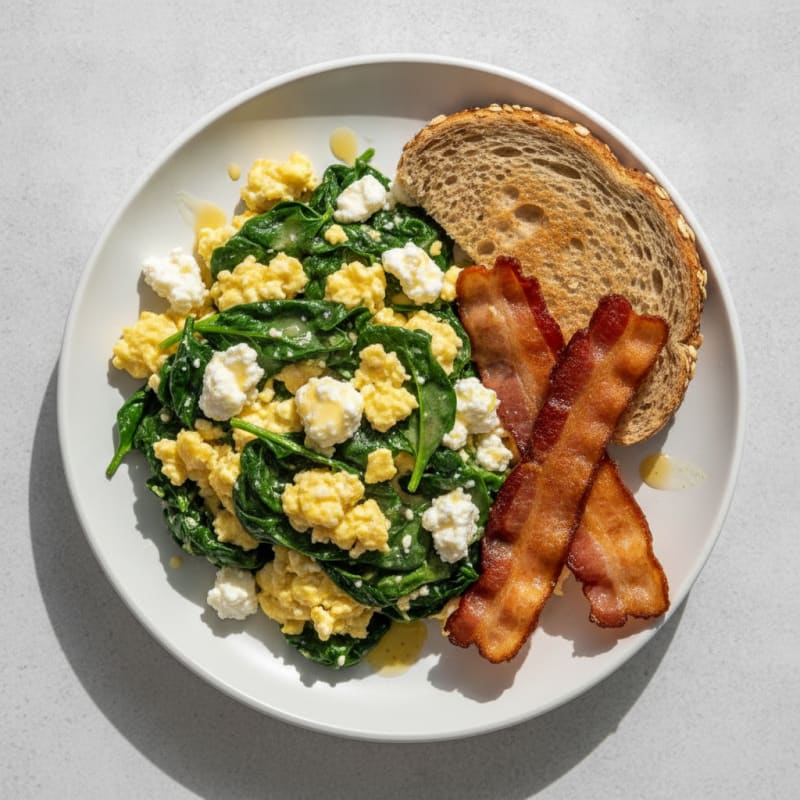 Cottage Cheese Egg Scramble with Spinach and Turkey Bacon