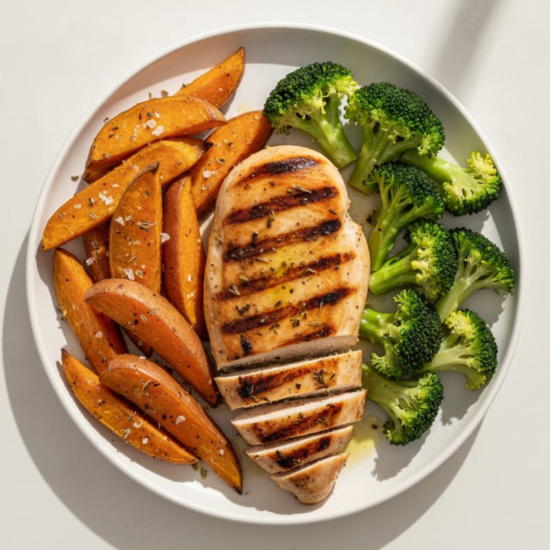 Grilled Chicken Breast with Roasted Sweet Potato and Steamed Broccoli