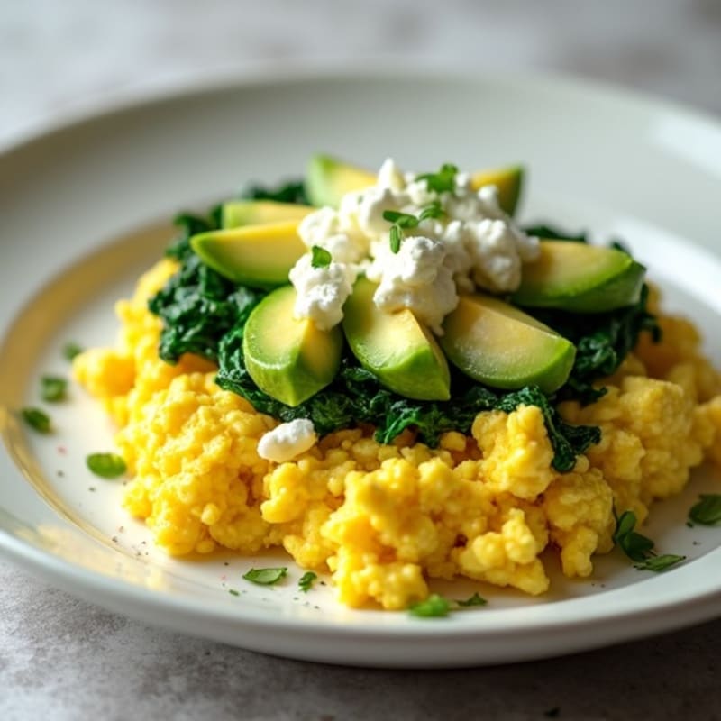Fluffy Scrambled Eggs with Fresh Spinach and Creamy Avocado