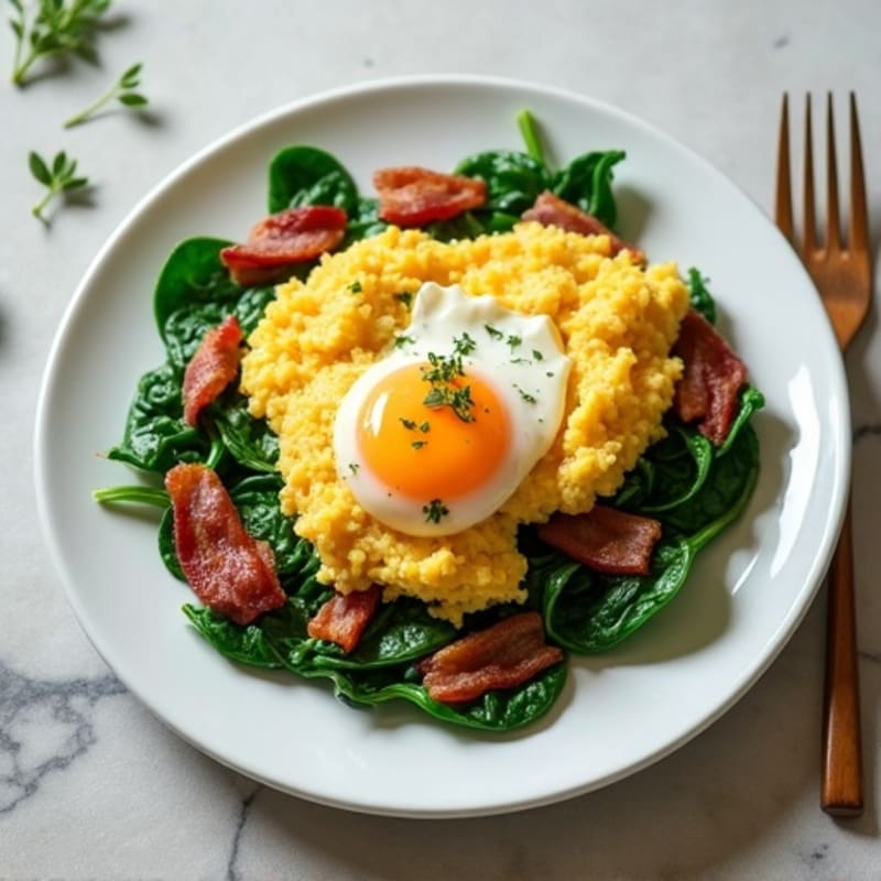 Egg White and Cottage Cheese Scramble with Sautéed Spinach and Turkey Bacon
