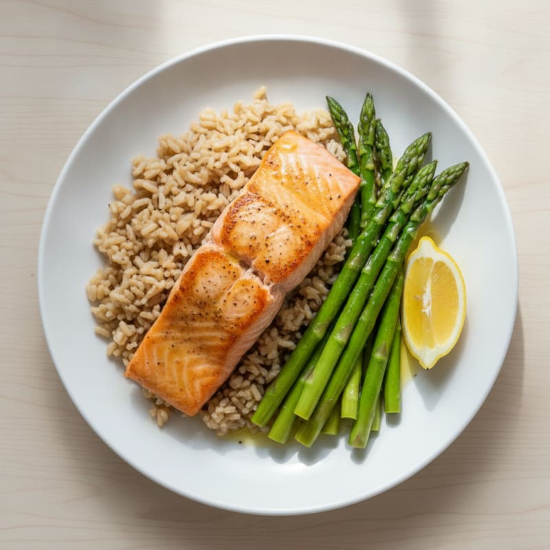 Seared Salmon Fillet with Steamed Asparagus and Brown Rice