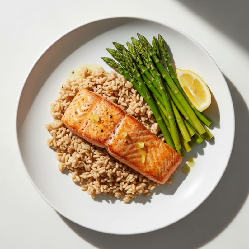 Seared Salmon with Steamed Asparagus and Brown Rice