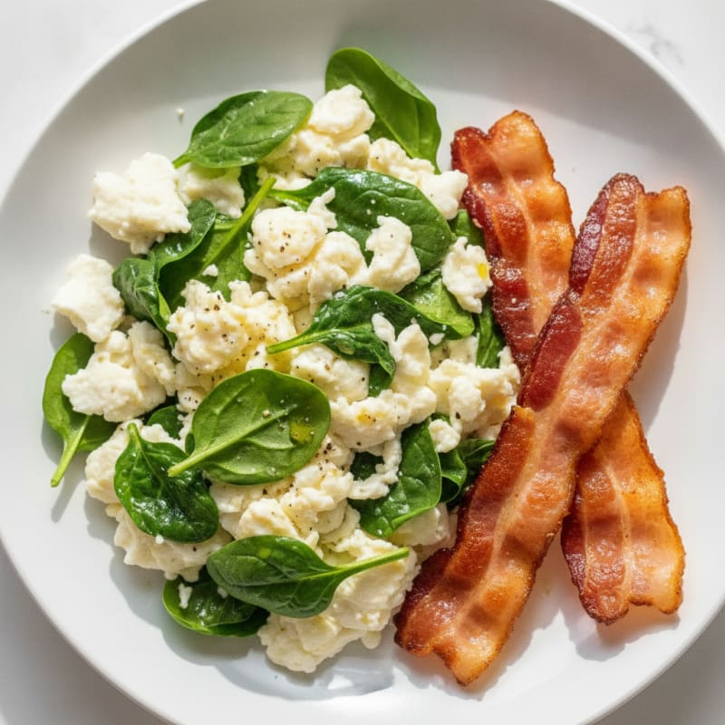 Egg White Spinach Scramble with Grilled Turkey Bacon