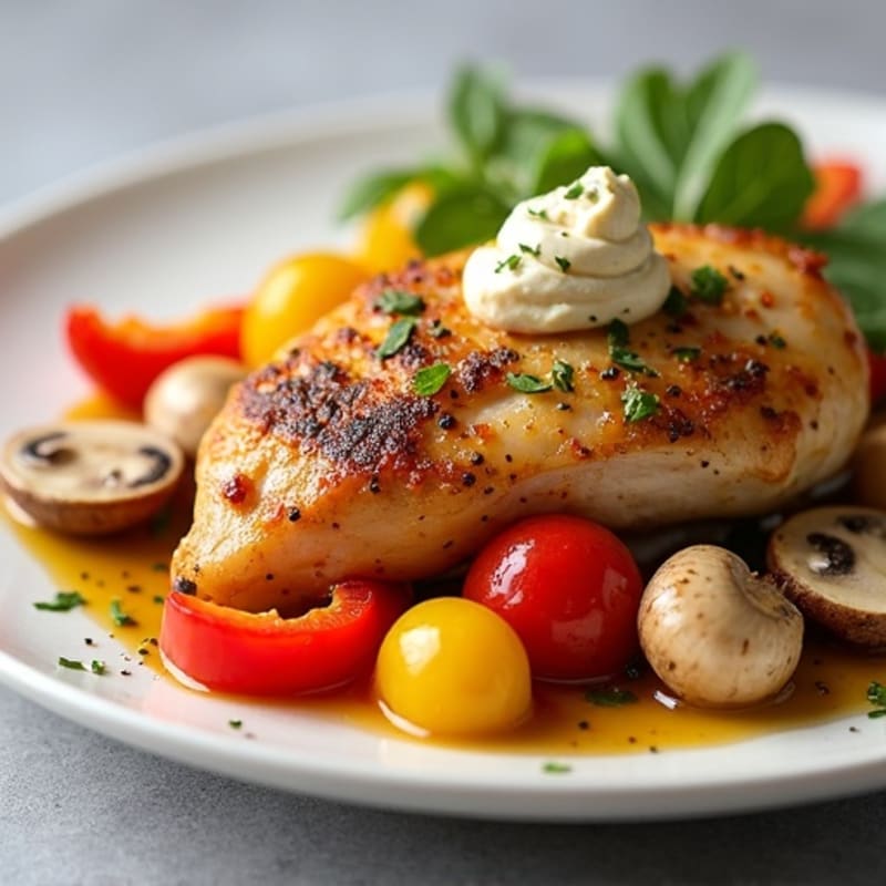 Garlic Herb Roasted Chicken with Peppers and Mushrooms, Creamy Hummus