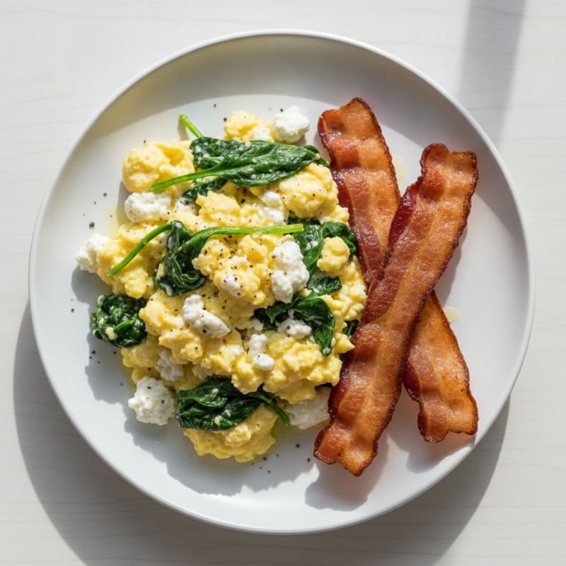 Cottage Cheese Egg Scramble with Spinach and Turkey Bacon