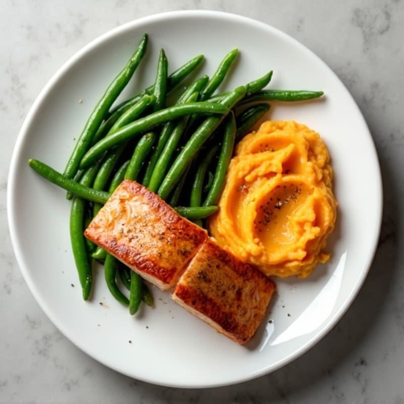 Seared Salmon with Garlic Green Beans and Mashed Sweet Potato