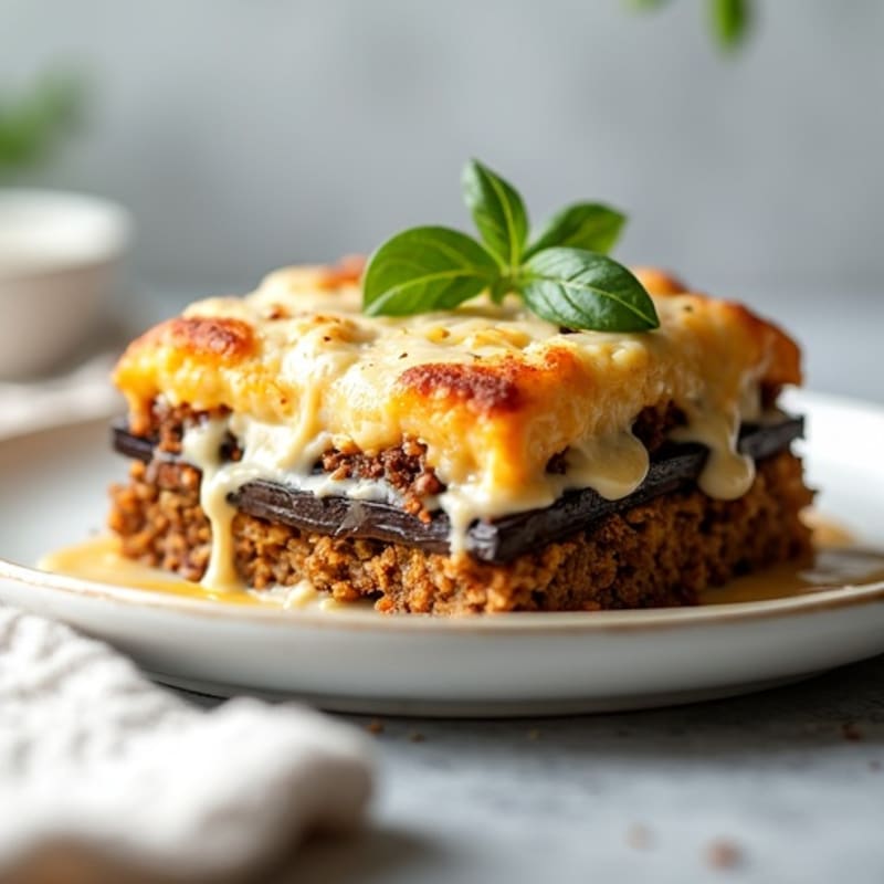 Layered Eggplant and Beef Casserole with Creamy Cauliflower Bechamel