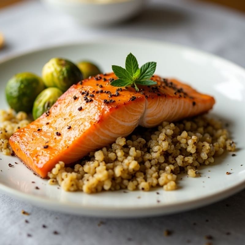 Maple-Dijon Baked Salmon with Crispy Brussels Sprouts and Fluffy Quinoa