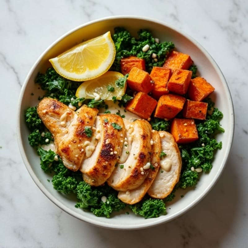 Chicken and Roasted Sweet Potato Power Bowl with Creamy Tahini Dressing