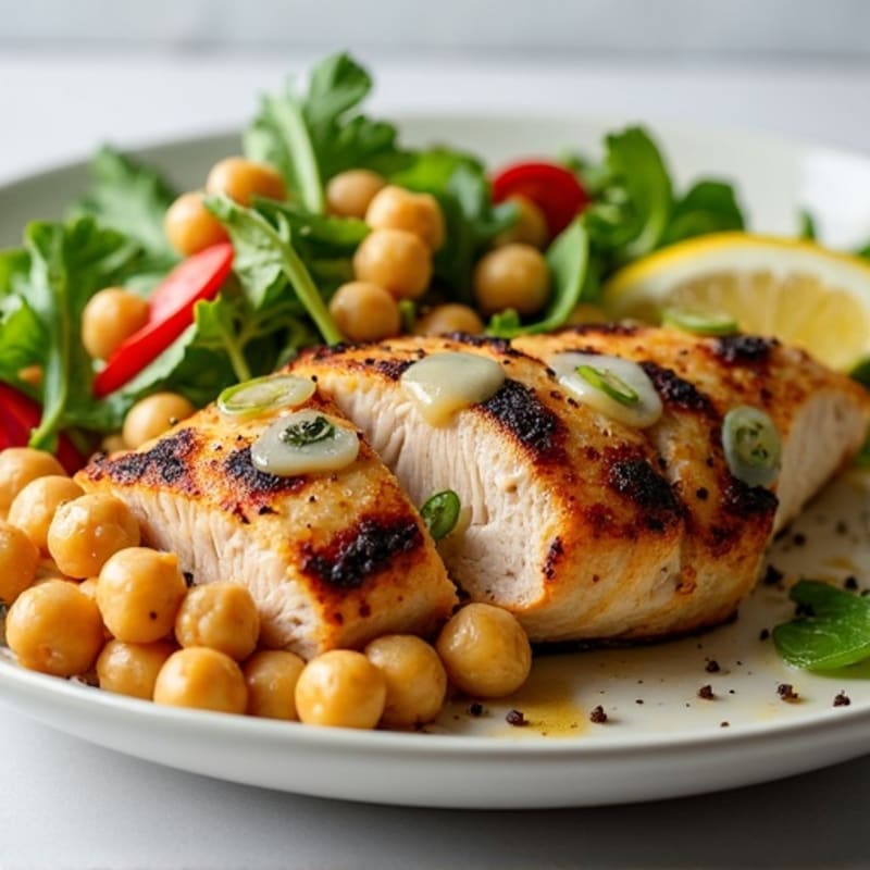 Grilled Chicken Breast with Crispy Chickpea Salad and Lemon Tahini Dressing