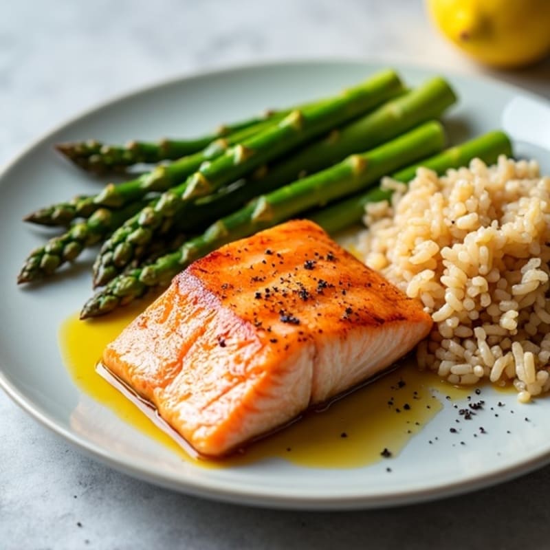 Seared Salmon with Steamed Asparagus and Brown Rice