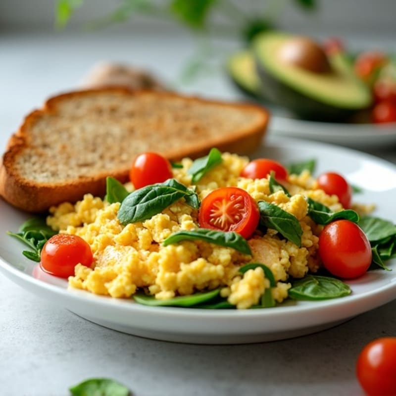 Chicken Egg White Scramble with Spinach and Sautéed Tomatoes