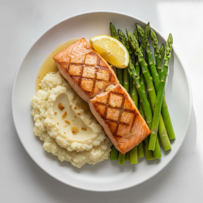 Seared Salmon with Steamed Asparagus and Cauliflower Mash