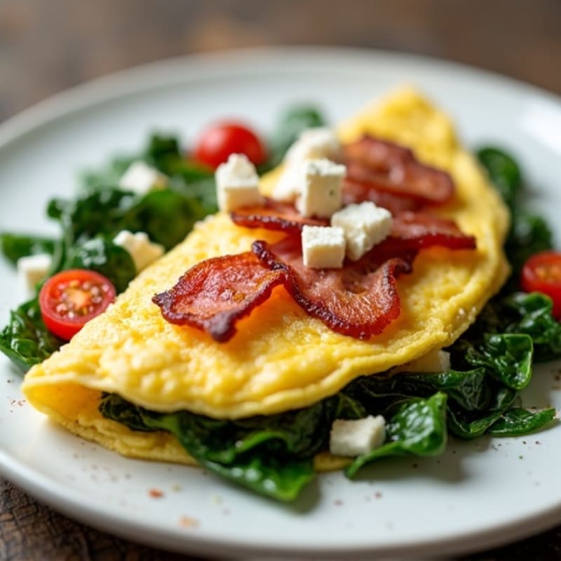 Fluffy Egg White Omelet with Sautéed Spinach and Lean Turkey Bacon