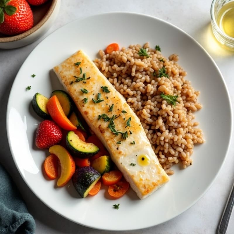 Seared Fish Fillet with Roasted Vegetables and Wild Rice
