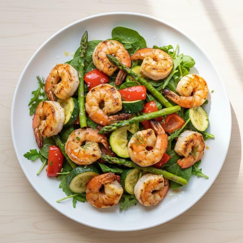 Grilled Lemon Herb Shrimp Salad with Roasted Vegetables
