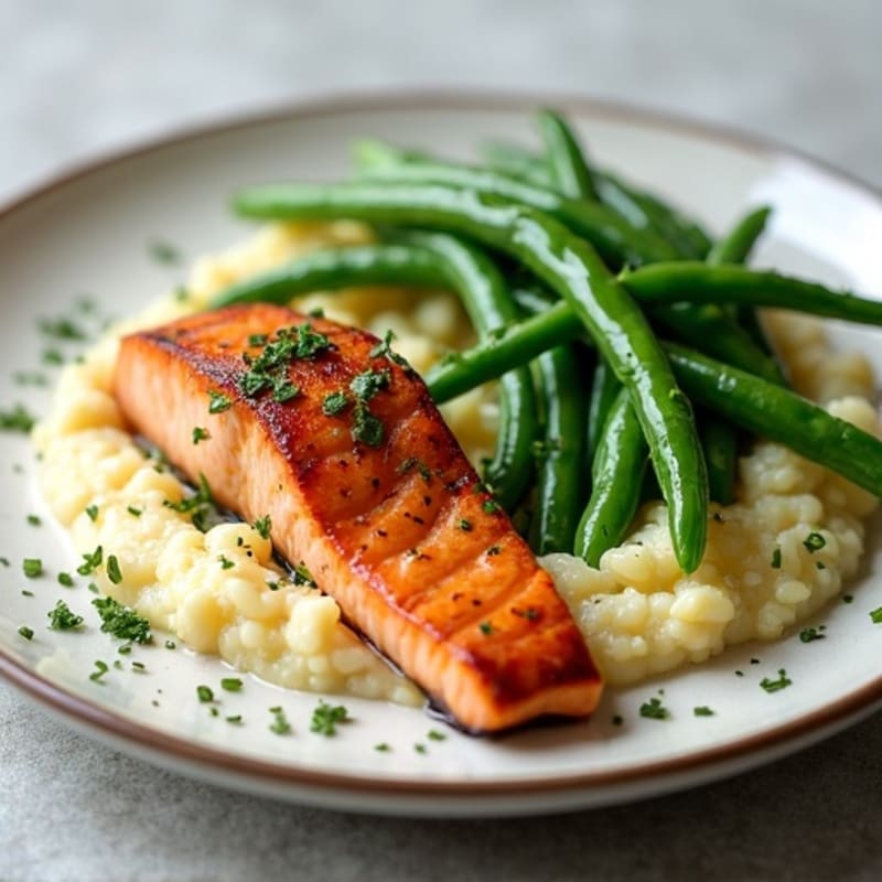 Seared Salmon with Steamed Green Beans and Cauliflower Mash