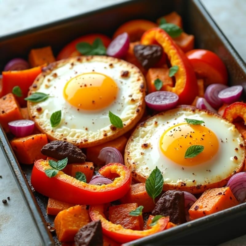 Sheet Pan Eggs with Roasted Sweet Potatoes and Bell Peppers