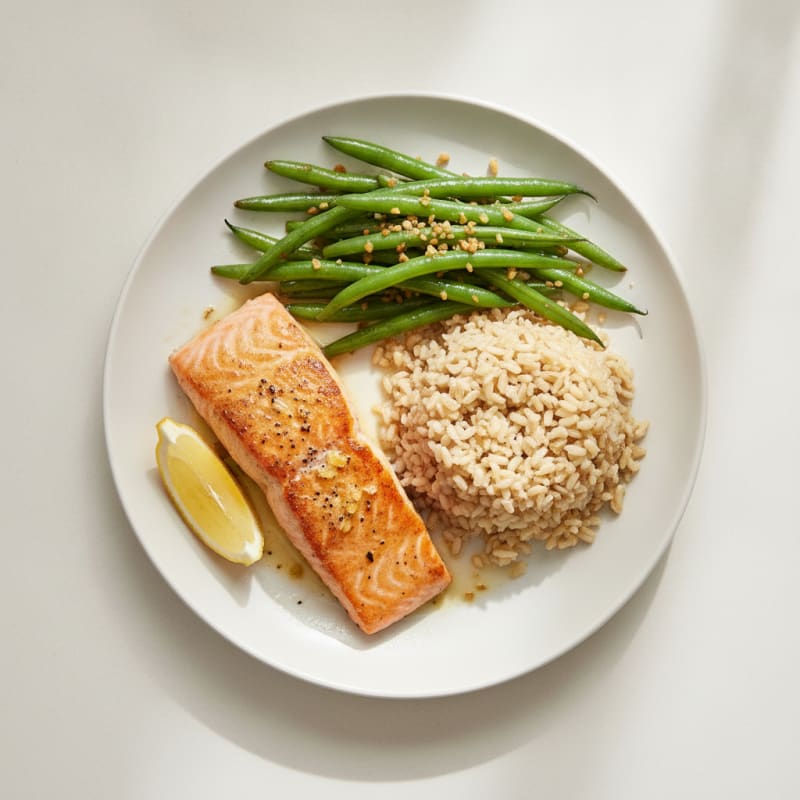 Seared Salmon with Garlic Green Beans and Brown Rice