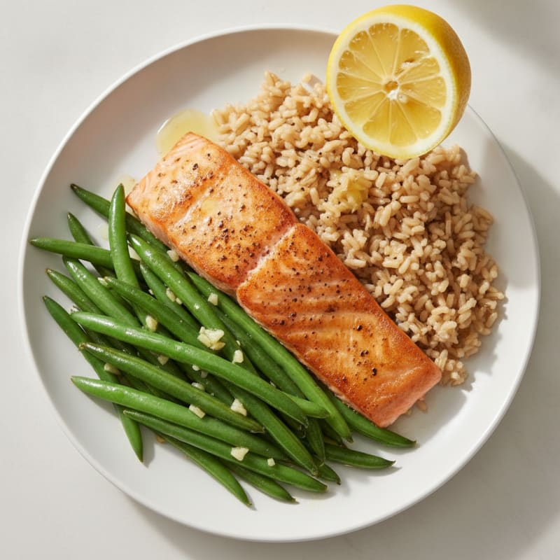 Seared Salmon Fillet with Garlic Green Beans and Brown Rice