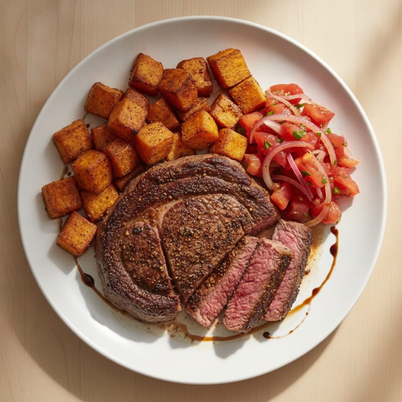 Pan-Seared Ribeye with Roasted Sweet Potatoes
