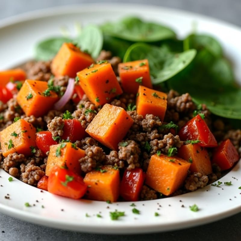 Hearty Ground Beef and Sweet Potato Hash with Fresh Spinach