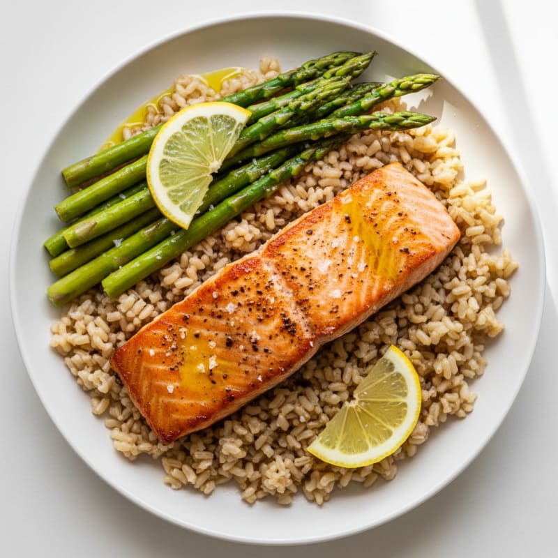 Seared Salmon with Steamed Asparagus and Brown Rice