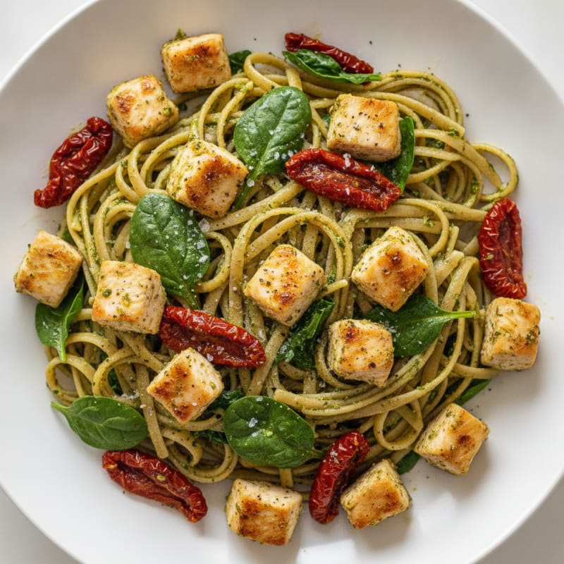 Pesto Chicken Linguine with Sun-Dried Tomatoes
